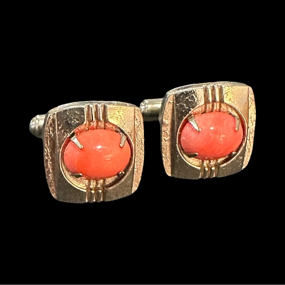 Vintage Cufflinks Prong Set Center Silver Tone Coral Pink JAPAN